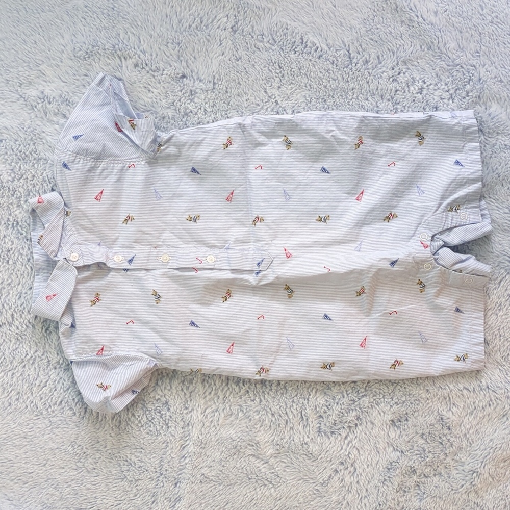 EUC 18-24M Janie and Jack Boys Striped Cotton Poplin Romper French Bulldog Dog